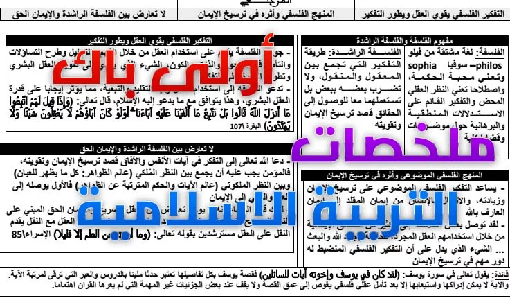 تلخيص كافة دروس التربية الاسلامية - الاولى باك 6 ملخصات دروس الأولى باك وفق الإطار المرجعي