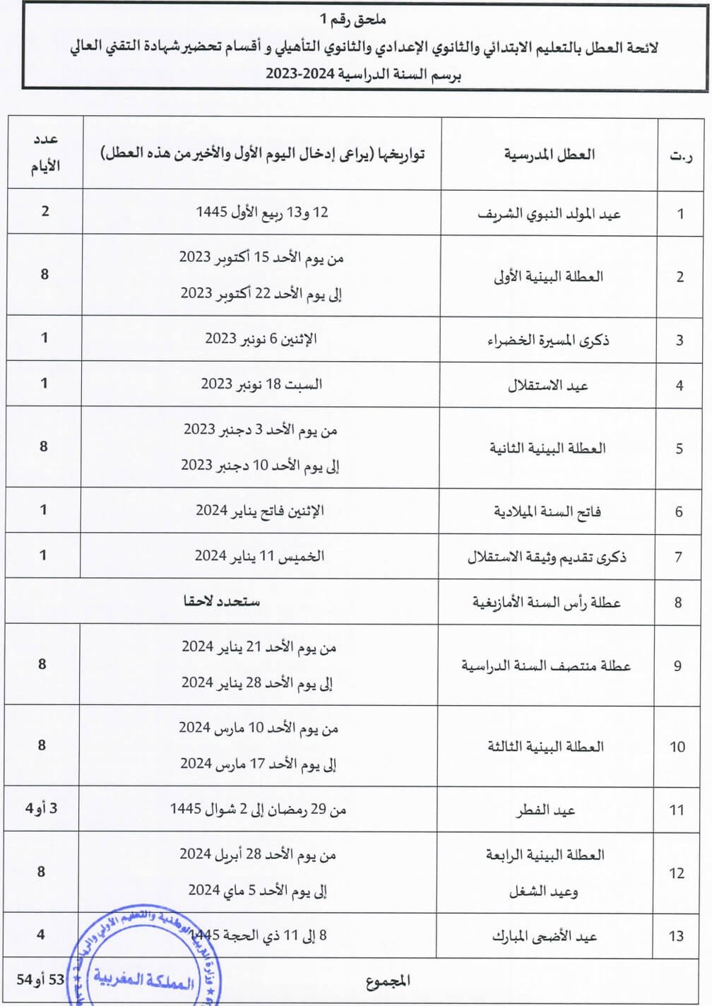 لائحة العطل المدرسية 2024 الجديدة والمعدلة Calendrier des Vacances Scolaires rectifié 2 لائحة العطل المدرسية 2024