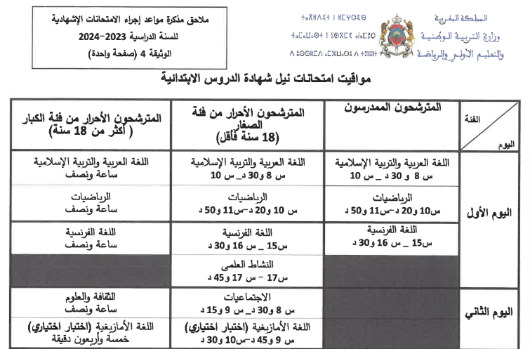 مواعيد الامتحانات الإشهادية 2024 بالمغرب 2 مواعيد الامتحانات الإشهادية 2024 - ابتدائي