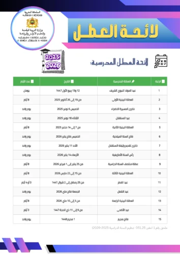 قائمة العطل المدرسية 2025-2026 (WoRD PDF) 3 لائحة العطل المدرسية عربية نموذج 2 2026-2025
