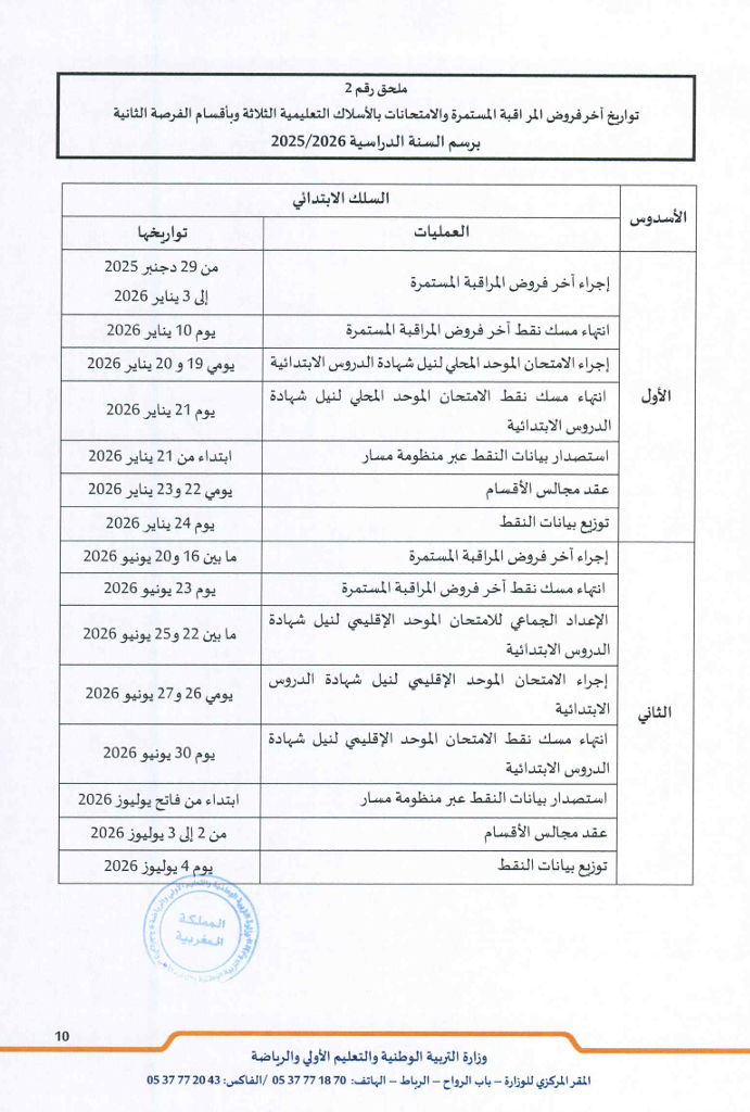 تواريخ الفروض والامتحانات الموحدة بالابتدائي