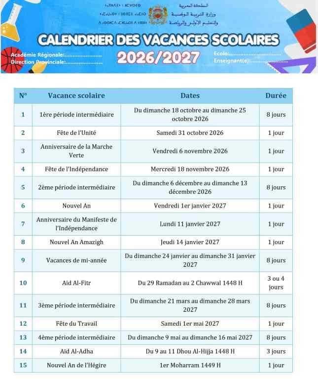 Calendrier vacances scolaires 2026 2027 FR
